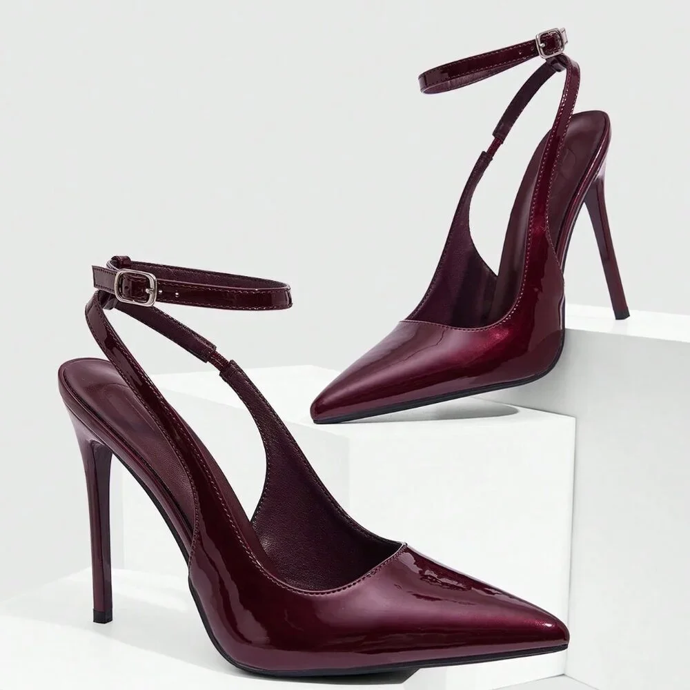 Burgundy Sexy Women's Pointed Toe Stiletto High Heel Ankle Strap Backless Pumps - Picture 6 of 10